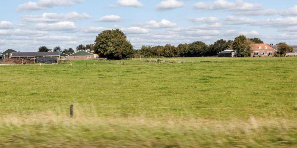 Twee boerderijen gefotografeerd vanuit een rijdend voertuig. Voor de boerderijen liggen grote grasweiden.